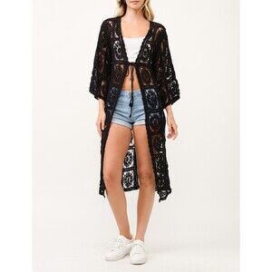 Black Crochet Kimono Long Swimwear Coverup Beach Over Jeans Swimsuit One Size